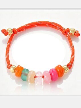 Free People Gold Tone Orange Cord Multicolored Beaded Resin Stone Charm Bracelet